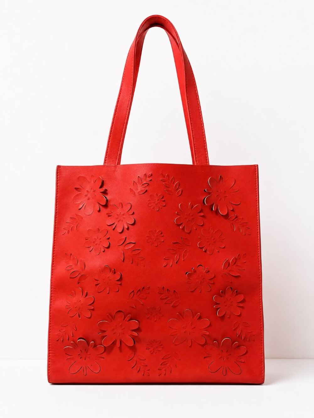 Banana Republic Laser Cut Floral Leather Shopper Tote Coral Red 3D Flower Purse